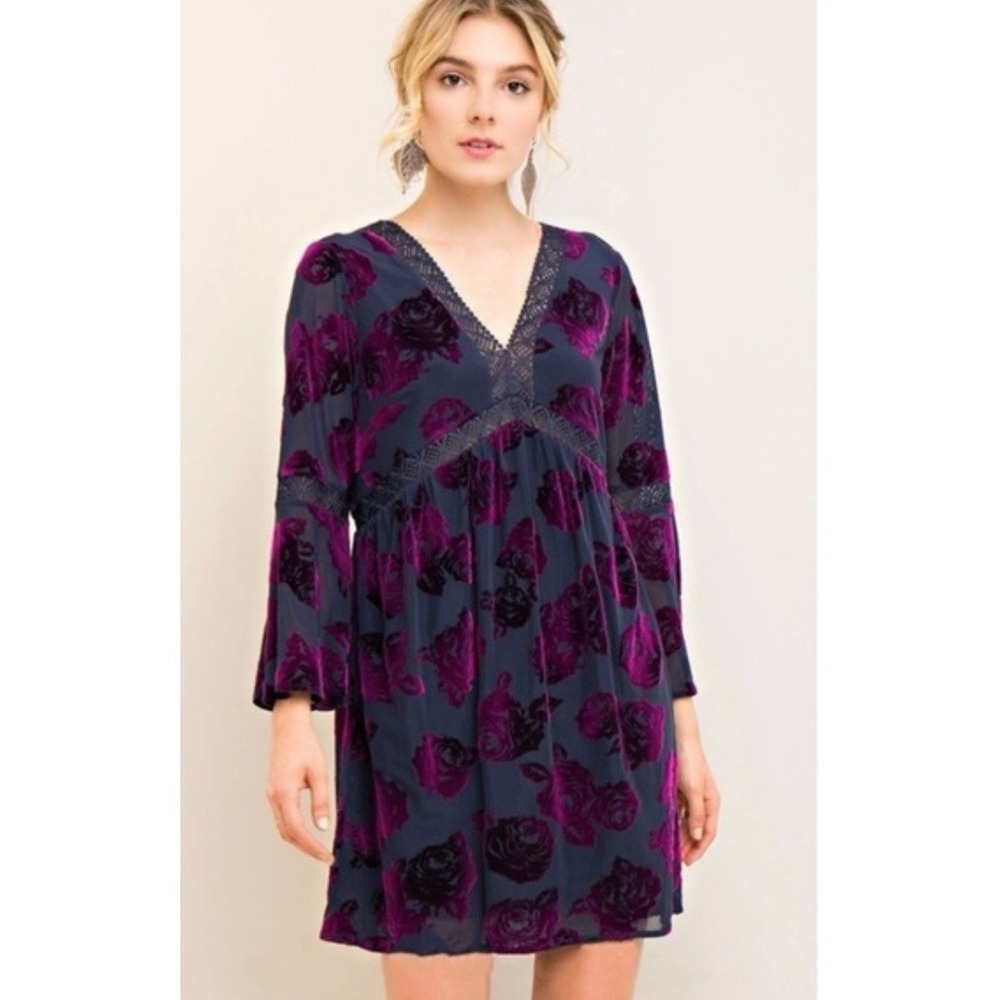 Entro Women's‎ Relaxed Floral Velvet Romantic Dress Purple Size L